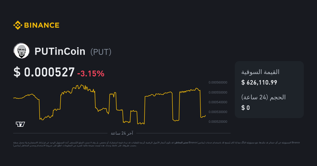 سعر PUTinCoin | مؤشر سعر PUT، رسم بياني حي ومُحول USD - Binance (بينانس)